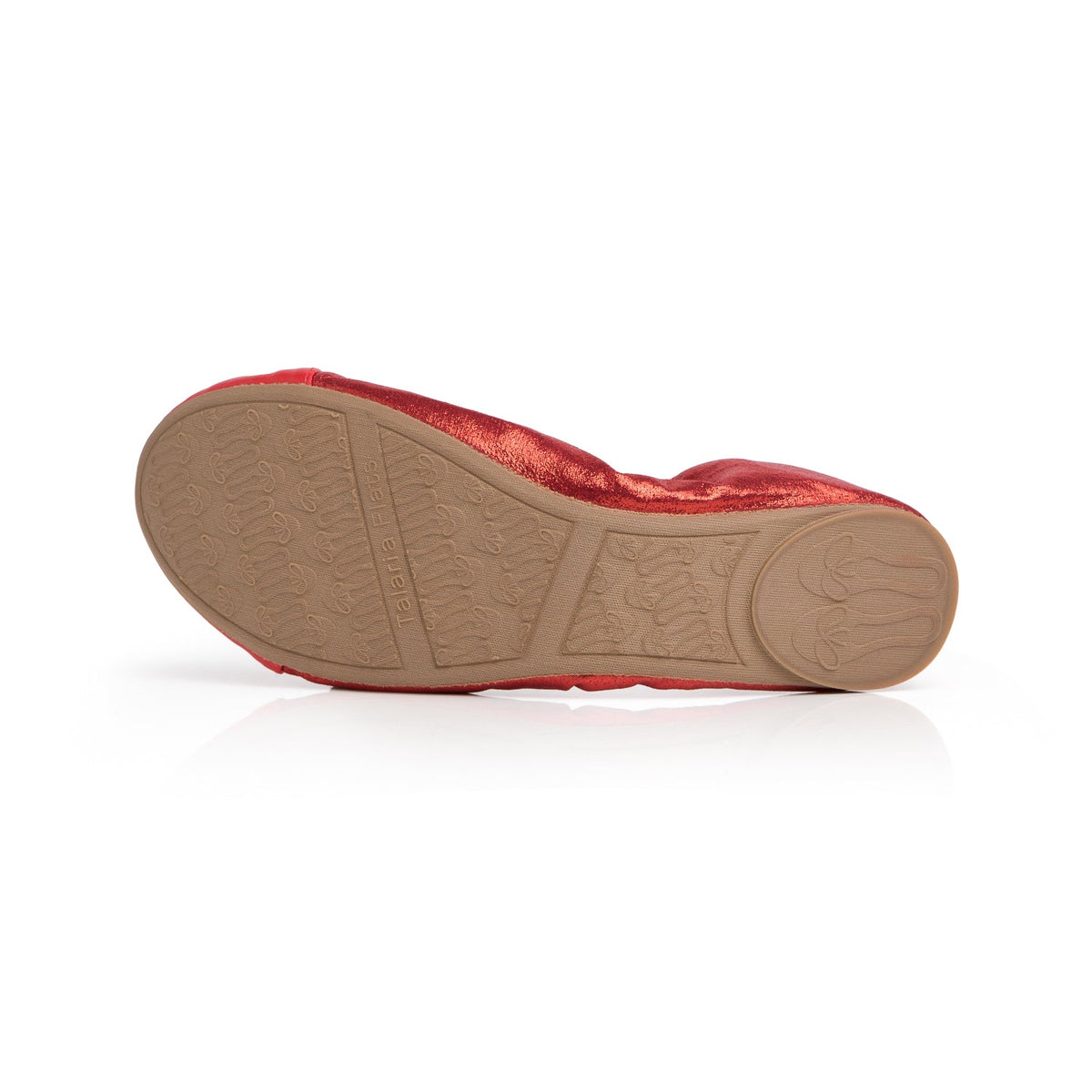 Red Talaria Flats shoes with polished ruby red uppers and comfortable soles, showcasing their stylish and elegant design.