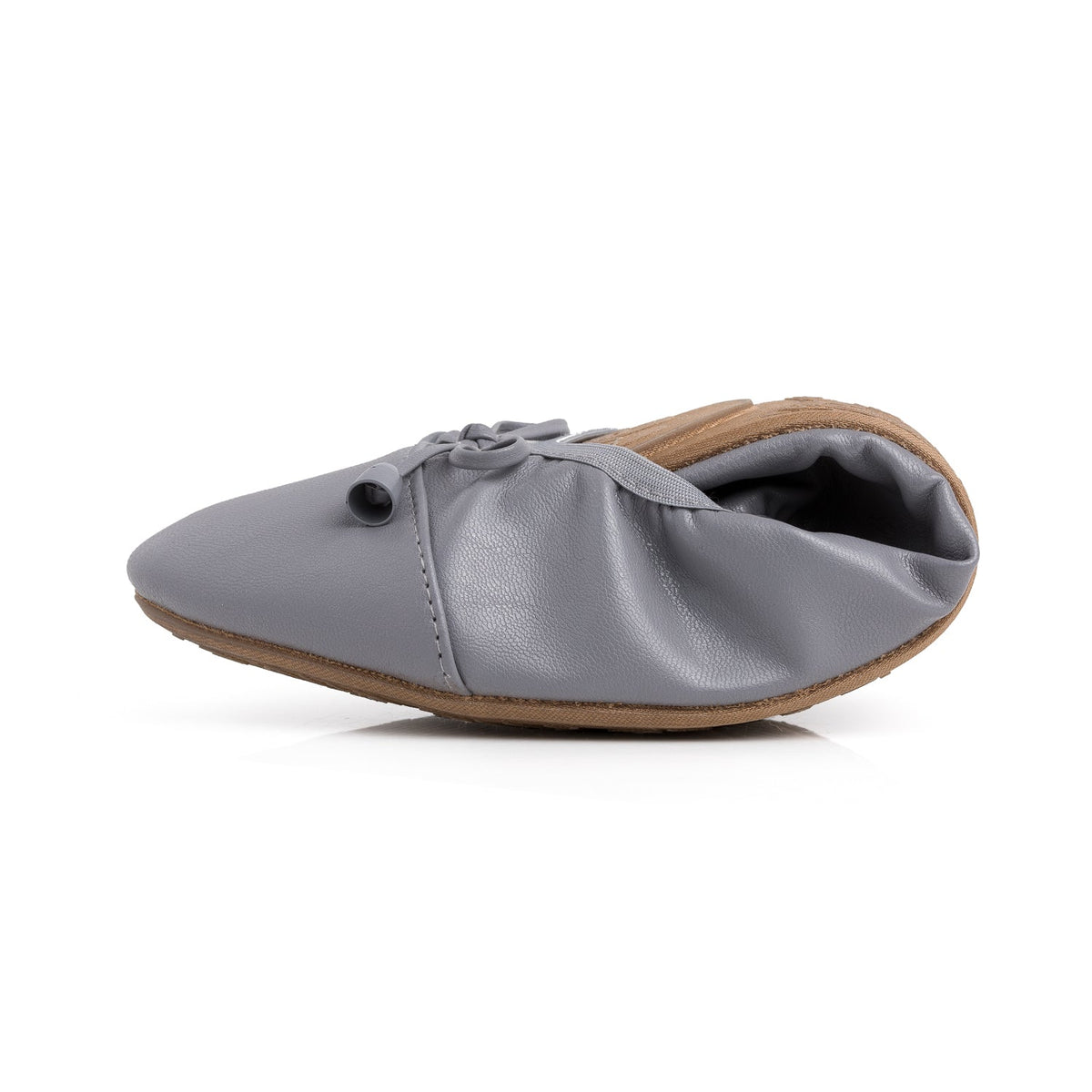 Talaria Flats premium stone grey flats, single folded shoes, showcasing comfortable slip-on design and soft fabric material.