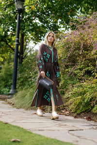 Tela Luxury Mercantile Brown is the New Black teal handbag with brown and teal leather accents, showcasing elegant craftsmanship.