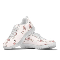 Classic Flamingo Sneakers by The Popular Flamingo, featuring pink flamingo design, white rubber soles, and casual lace-up style.