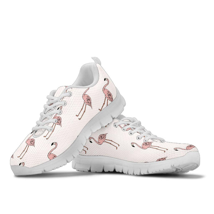 Classic Flamingo Sneakers by The Popular Flamingo, featuring pink flamingo design, white rubber soles, and casual lace-up style.
