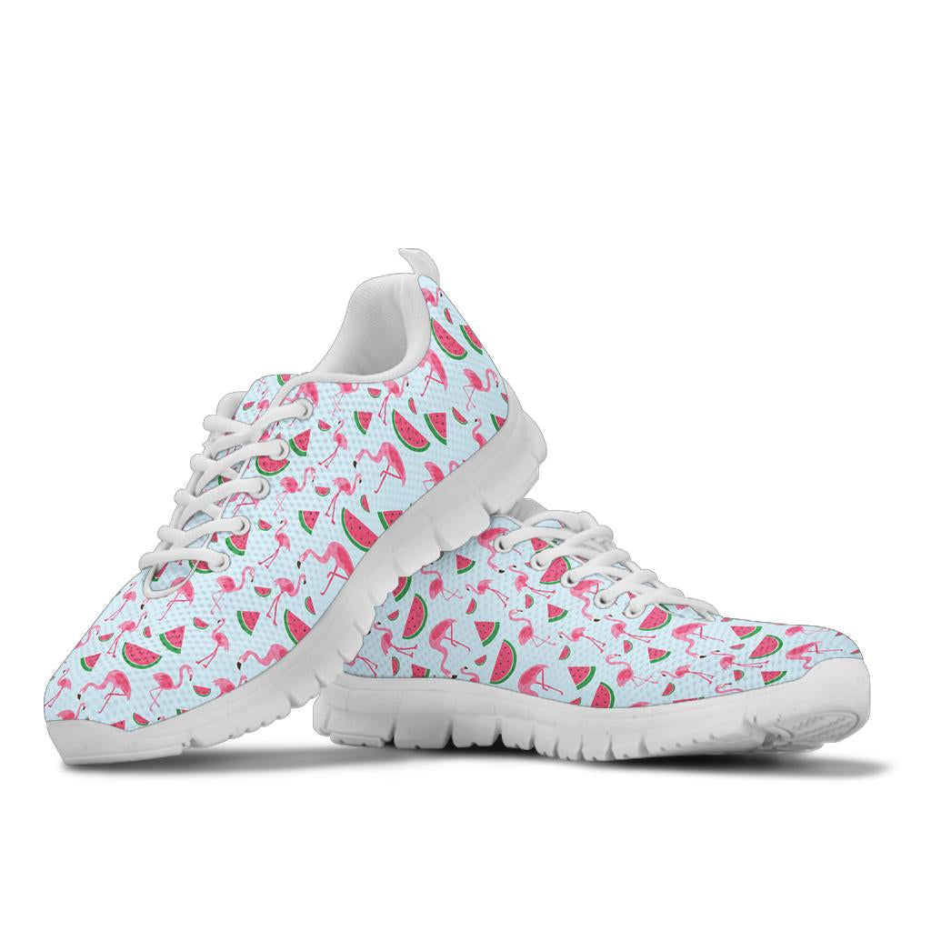 Pink Flamingo Watermelon Sneakers by The Popular Flamingo featuring colorful watermelon and flamingo design on casual shoes.