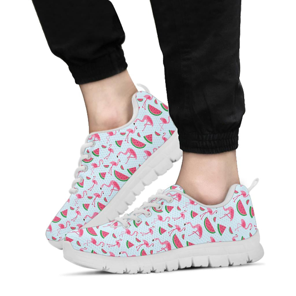 Pink Flamingo Watermelon Sneakers by The Popular Flamingo, featuring vibrant watermelon and flamingo print on casual sneakers.