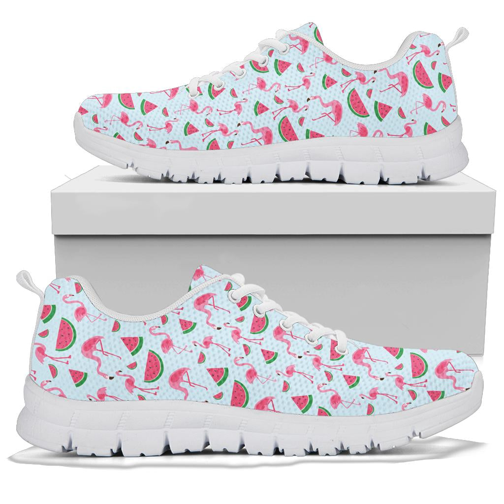 Pink Flamingo Watermelon sneakers by The Popular Flamingo, featuring vibrant watermelon and flamingo design on casual sneakers.