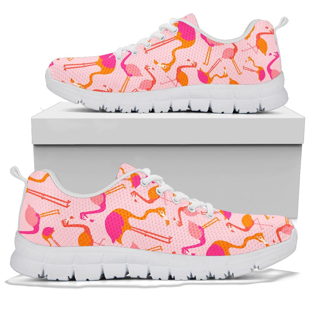 Multicolor pink flamingo sneakers by The Popular Flamingo, showing vibrant pink and colorful design on casual footwear.