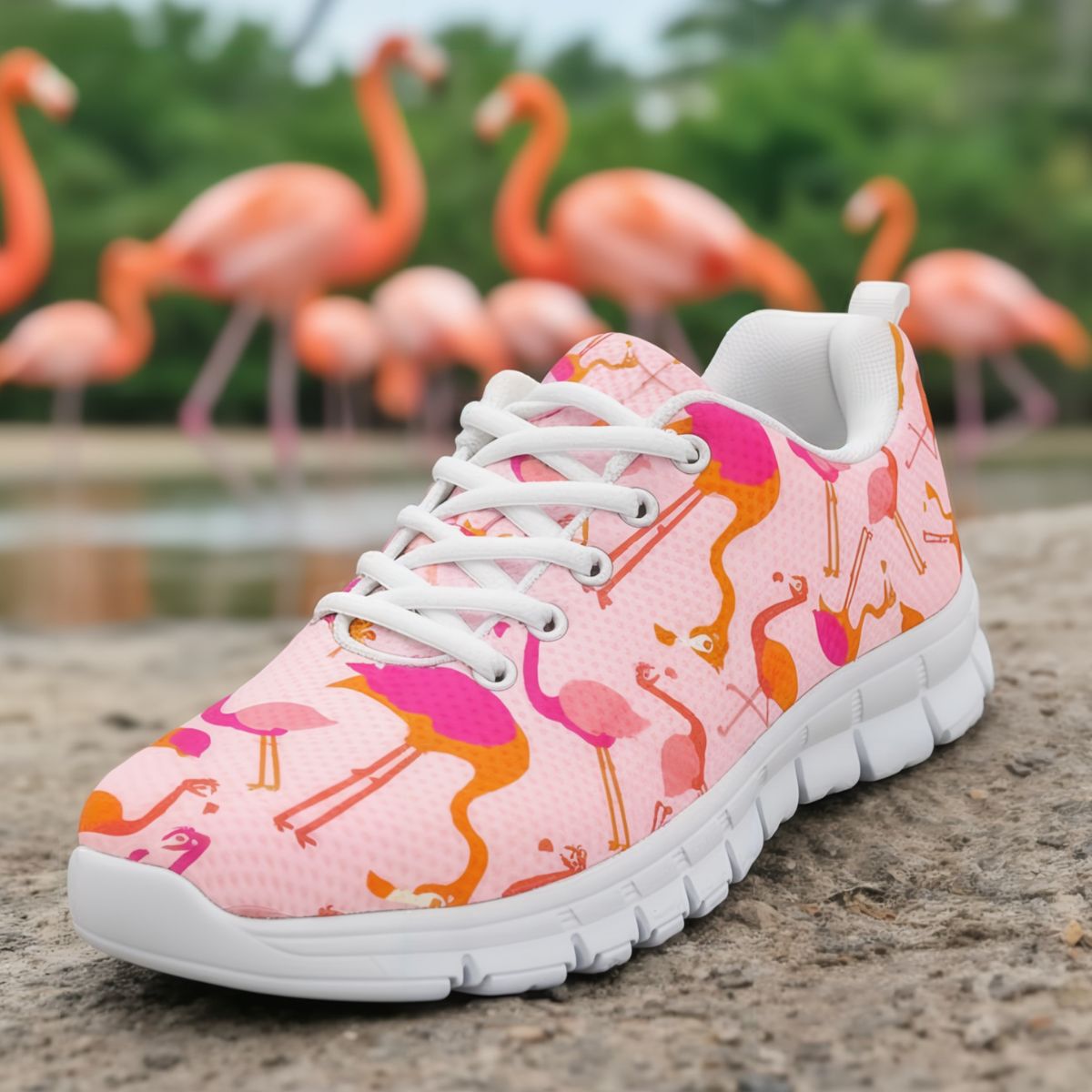 Multicolor pink Flamingo sneakers by The Popular Flamingo featuring vibrant design and casual sporty style.