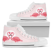 Pink Flamingo Love high top shoes by The Popular Flamingo, featuring a pink flamingo design for women on white background.