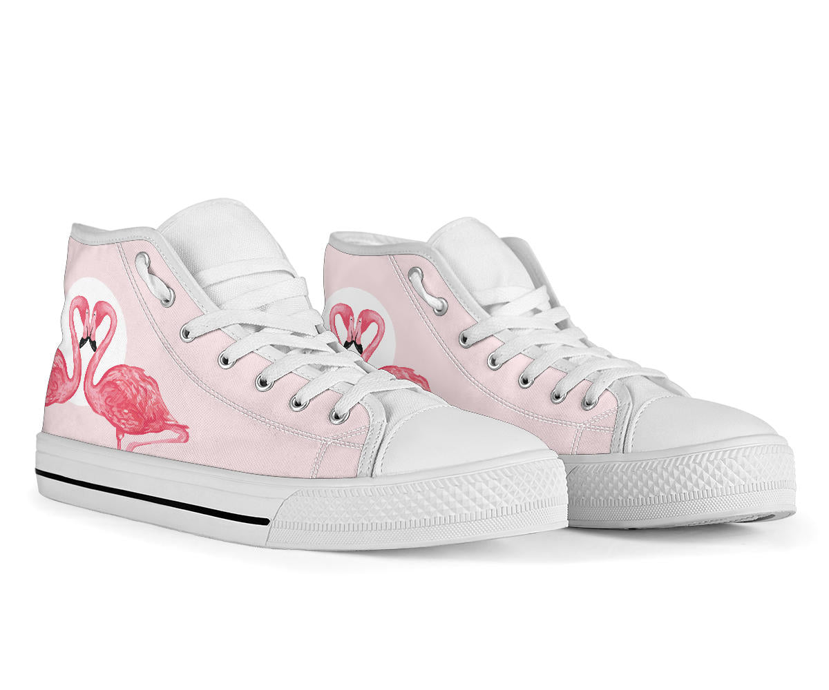 Pink Flamingo Love high-top shoes for women by The Popular Flamingo, featuring a pink flamingo design and comfortable high-top style.
