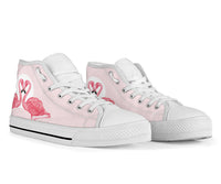 Pink Flamingo Love high-top shoes for women by The Popular Flamingo, featuring a pink flamingo design and comfortable high-top style.