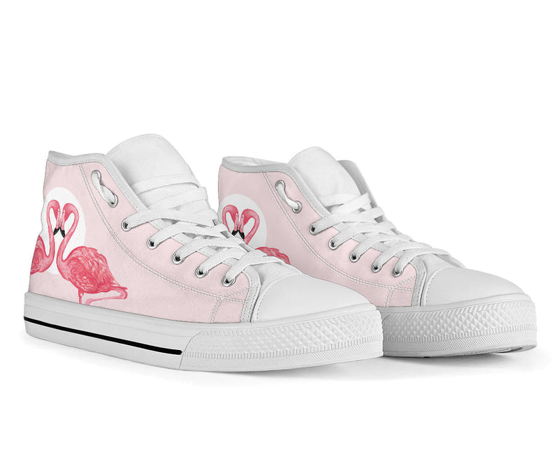 Pink Flamingo Love high-top shoes for women by The Popular Flamingo, featuring a pink flamingo design and comfortable high-top style.