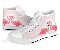 Pink Flamingo Love high top shoes for women by The Popular Flamingo, featuring a vibrant pink flamingo design on the sneakers.