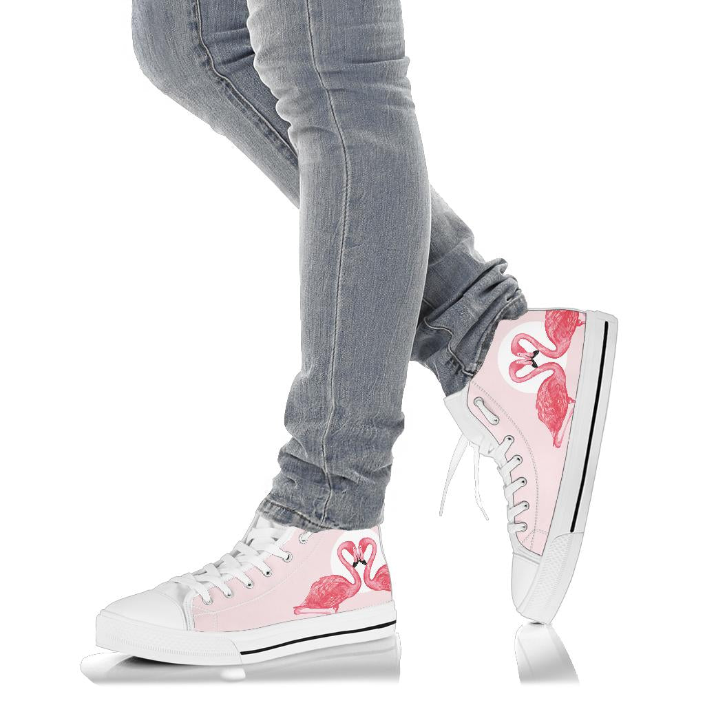 Pink Flamingo Love high top shoes for women by The Popular Flamingo, featuring a vibrant pink flamingo design and stylish high-top style.