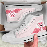 Pink Flamingo Love high-top shoes for women by The Popular Flamingo, featuring a pink flamingo design and casual style.