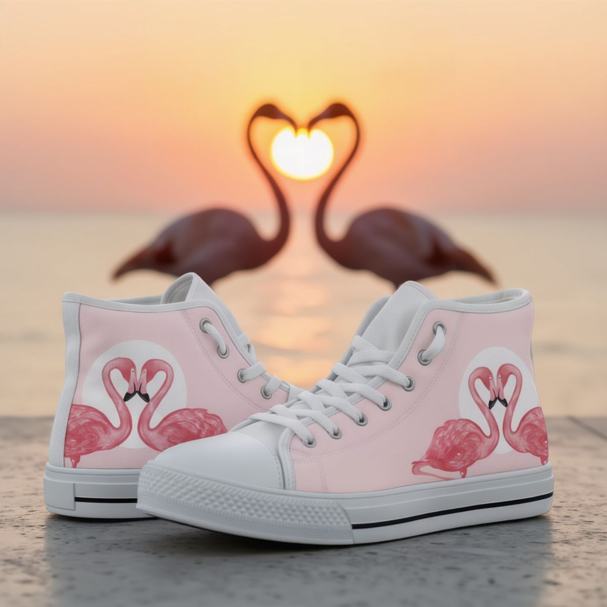 Pink Flamingo Love high top shoes for women by The Popular Flamingo, featuring a pink flamingo design on stylish sneakers.