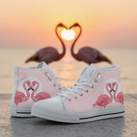 Pink Flamingo Love high top shoes for women by The Popular Flamingo, featuring a pink flamingo design on stylish sneakers.
