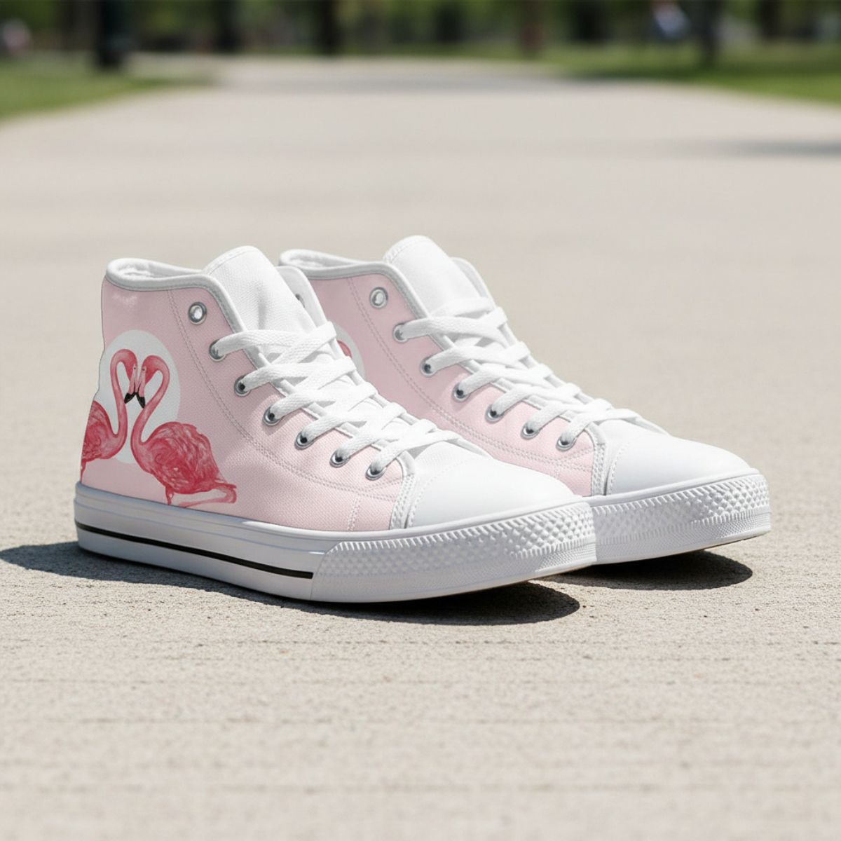 Pink Flamingo Love high-top shoes for women by The Popular Flamingo, featuring pink flamingo design and comfortable high-top style.