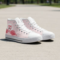 Pink Flamingo Love high-top shoes for women by The Popular Flamingo, featuring pink flamingo design and comfortable high-top style.