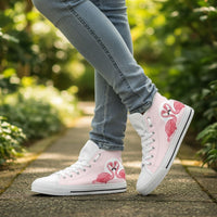 Pink Flamingo Love high-top shoes for women by The Popular Flamingo, featuring pink flamingo design and comfortable high-top style.