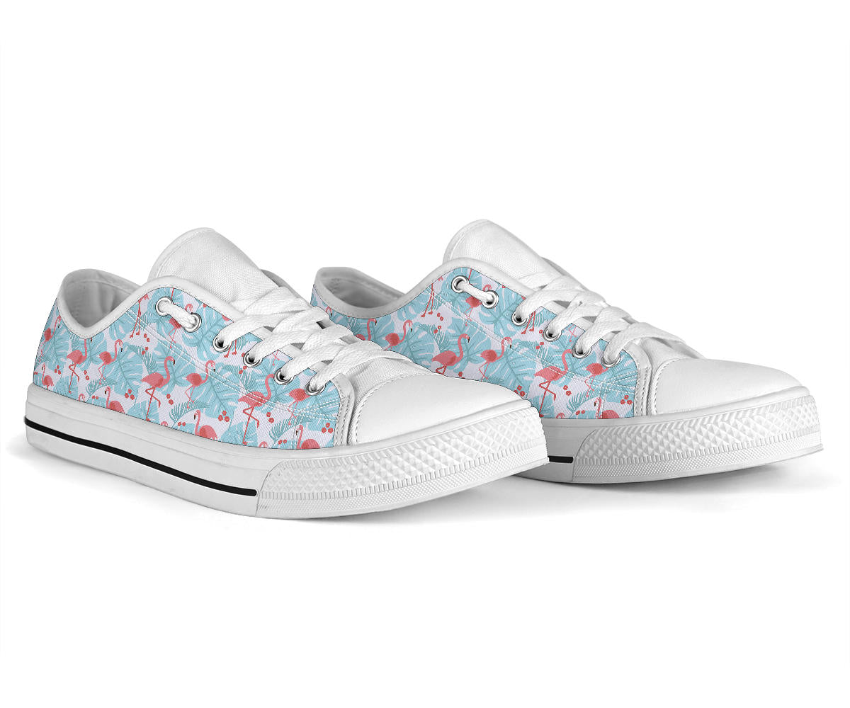 Flamingo Blue Floral Low Top Shoes for women by The Popular Flamingo, featuring a vibrant floral pattern and casual slip-on style.