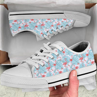 Flamingo Blue Floral Low Top Shoes for women by The Popular Flamingo, featuring a vibrant floral pattern and casual design.