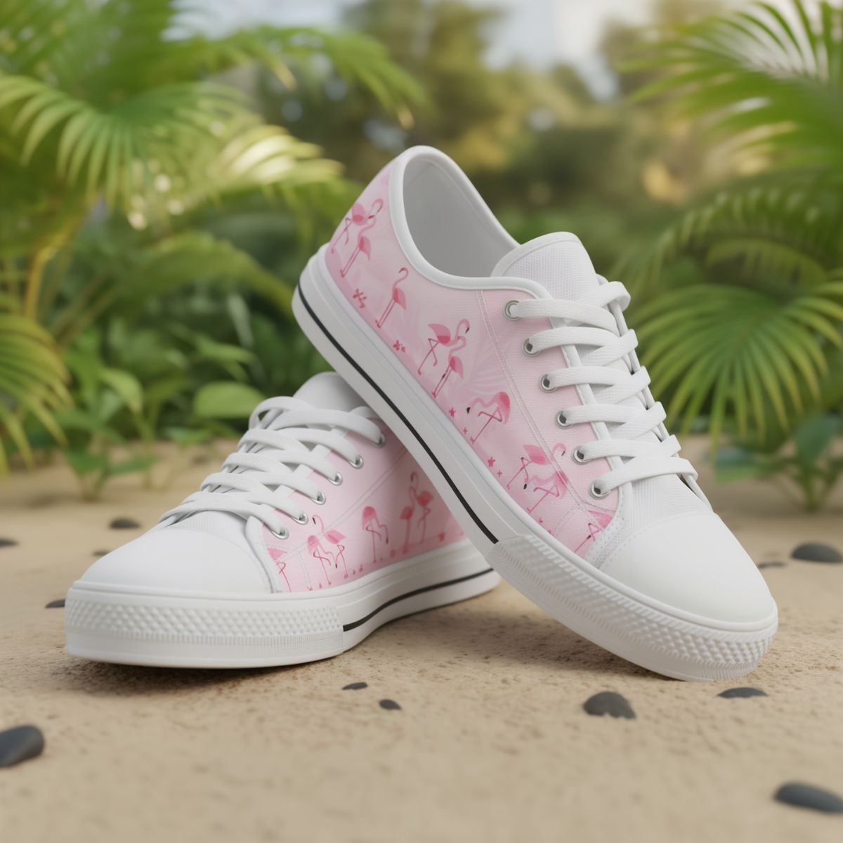 Pink Flamingo low top shoes for women by The Popular Flamingo, casual sneakers in pink with white soles.