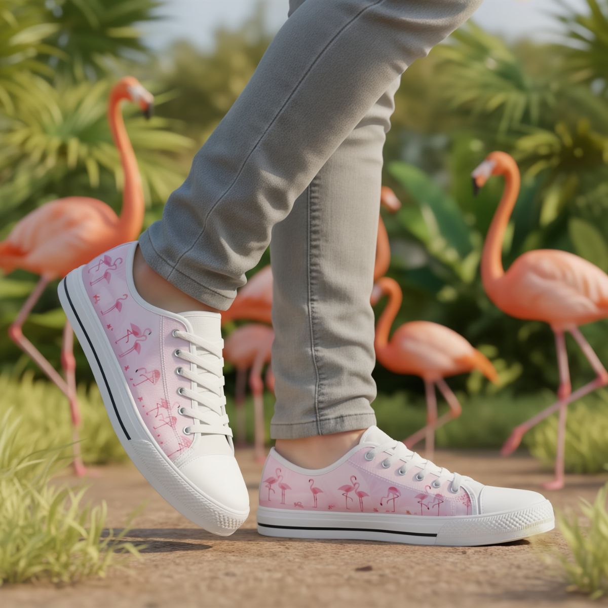 Pink Flamingo low top shoes for women by The Popular Flamingo, featuring a vibrant pink flamingo design on canvas sneakers.
