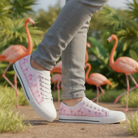 Pink Flamingo low top shoes for women by The Popular Flamingo, featuring a vibrant pink flamingo design on canvas sneakers.