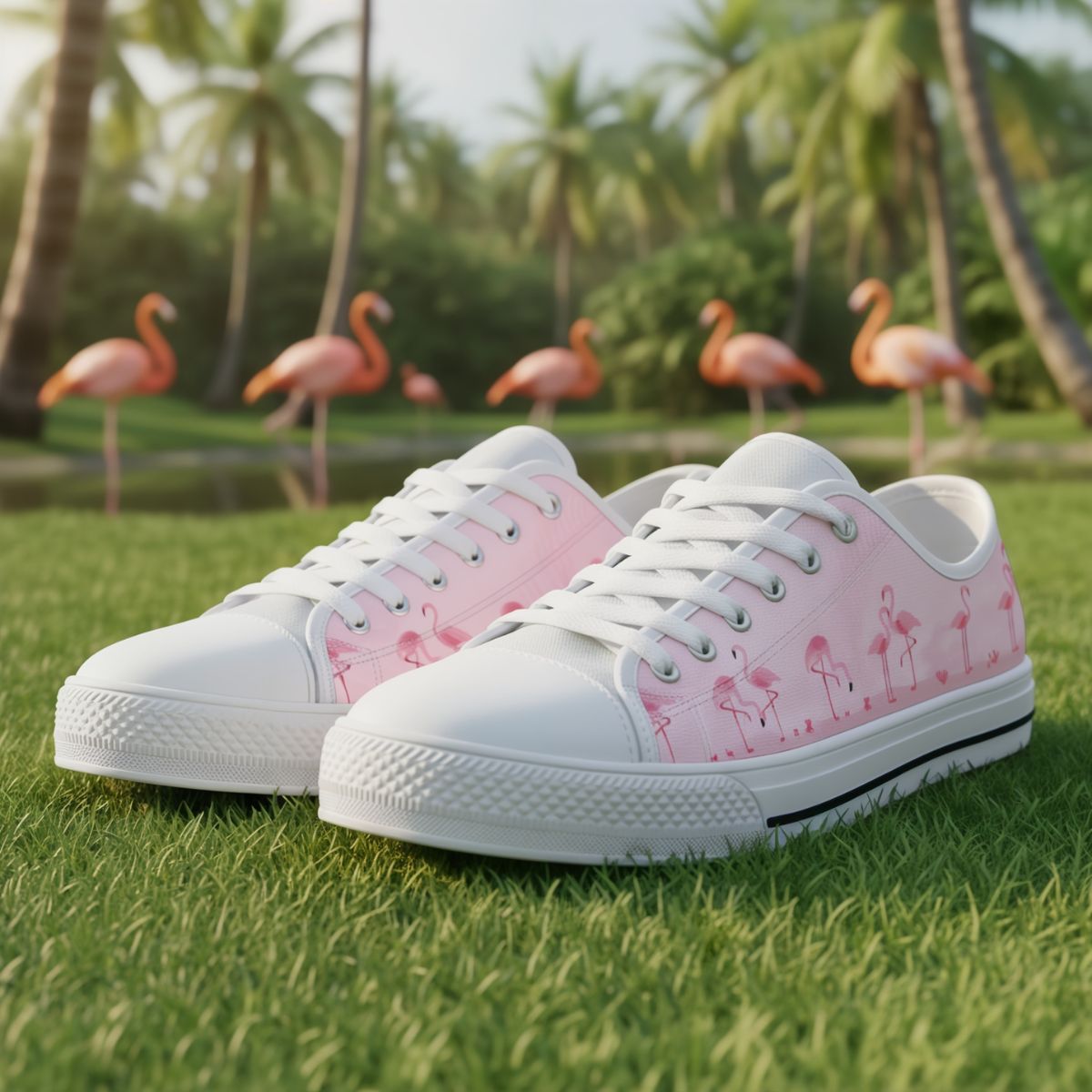 Pink Flamingo low top shoes for women by The Popular Flamingo, featuring a vibrant pink flamingo design and casual sneaker style.