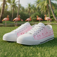 Pink Flamingo low top shoes for women by The Popular Flamingo, featuring a vibrant pink flamingo design and casual sneaker style.
