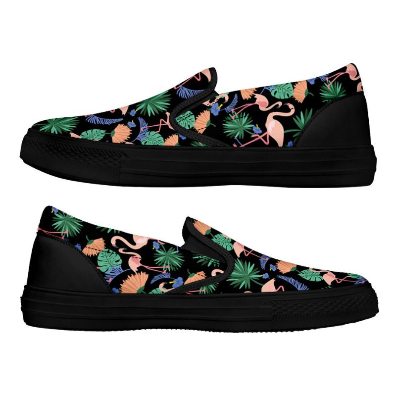 Flamingo Exotic Floral slip-on shoes for women, featuring vibrant floral pattern and comfortable design from The Popular Flamingo.