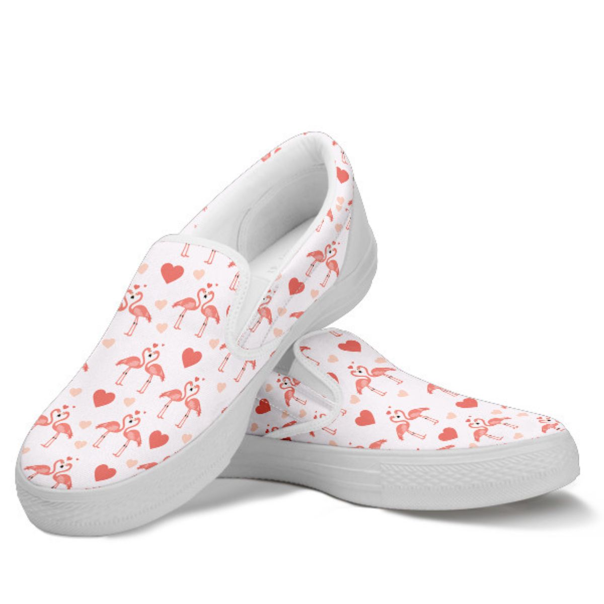 Pink Flamingo Love slip-on shoes for women by The Popular Flamingo, featuring a playful flamingo design and comfortable slip-on style.