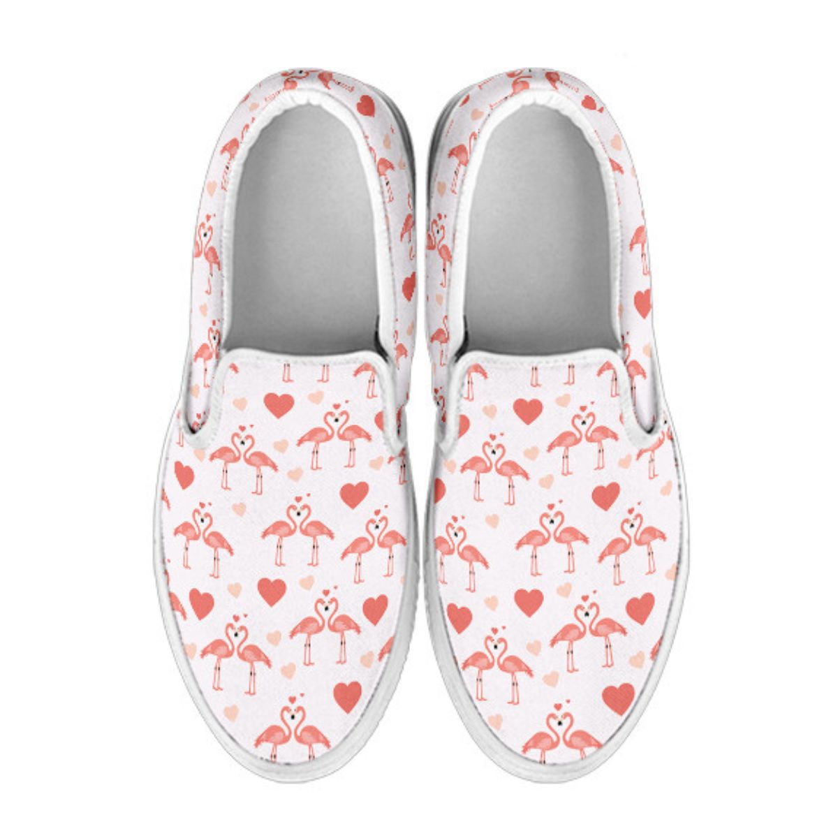Pink Flamingo Love slip-on shoes for women by The Popular Flamingo, showing the colorful flamingo design on comfortable footwear.