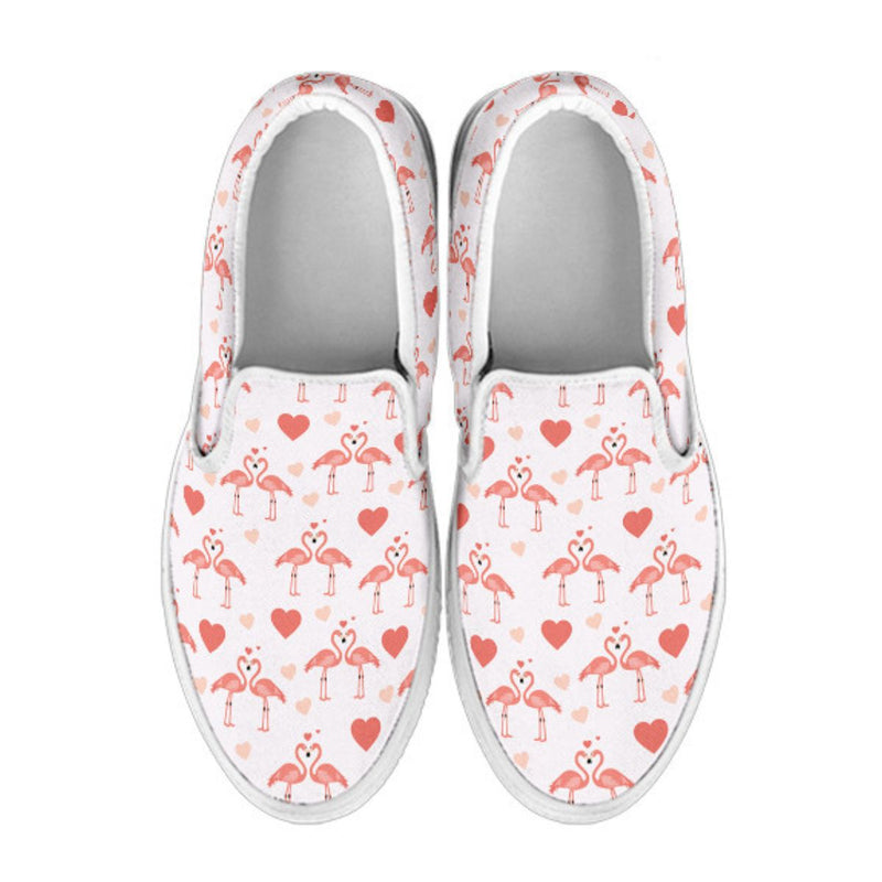 Pink Flamingo Love slip-on shoes for women by The Popular Flamingo, showing the colorful flamingo design on comfortable footwear.