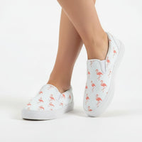 Simple Flamingo slip-on shoes for women by The Popular Flamingo, featuring a bright pink flamingo design and comfortable casual style.