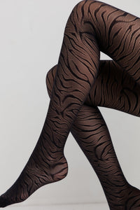 Women's fantasy tights by Lornea featuring animalistic lace interlacing in black, designed for a stylish, bold look.