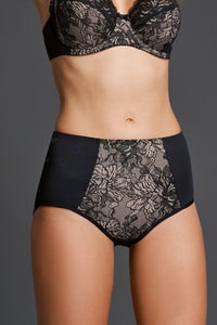 Black high-waisted women's panties with nude cotton panel from Lornea Honey Allure Bottom collection, featuring comfortable, stylish design.