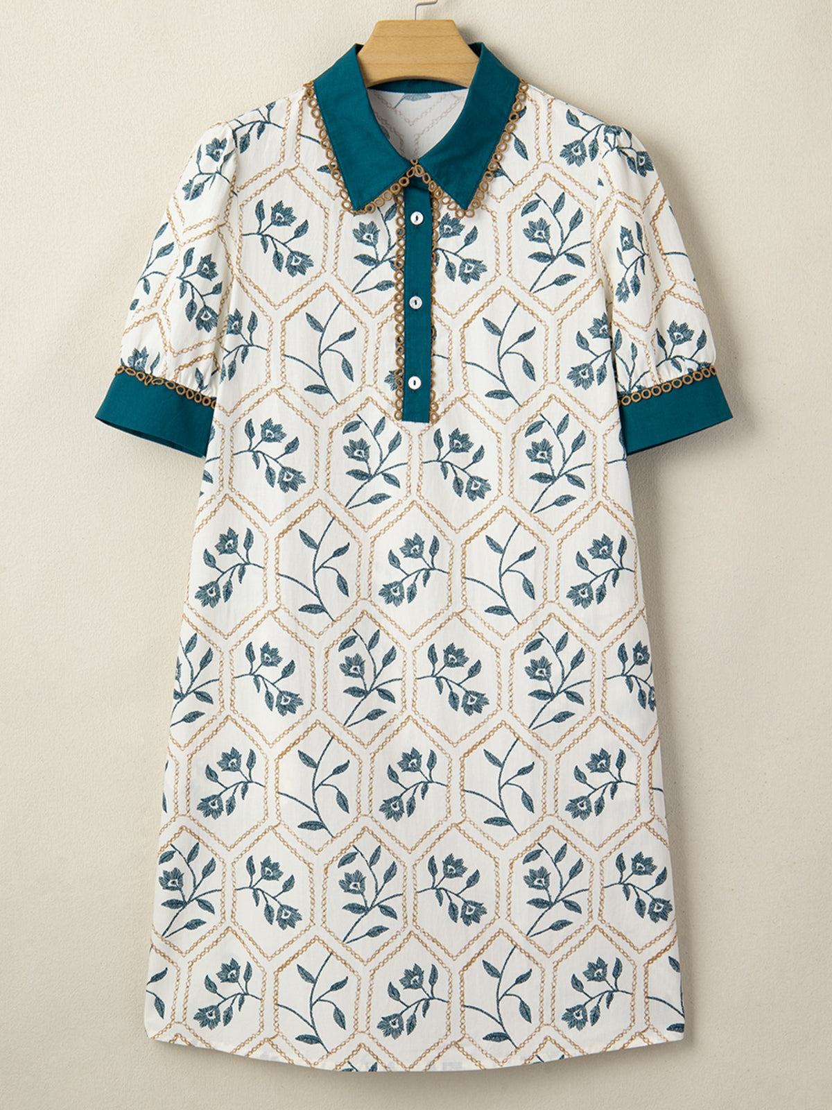 Air Force blue floral print polo collar casual mini dress by Trendsi, featuring a relaxed fit and vibrant floral pattern.