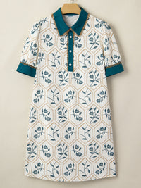 Air Force blue floral print polo collar casual mini dress by Trendsi, featuring a relaxed fit and vibrant floral pattern.