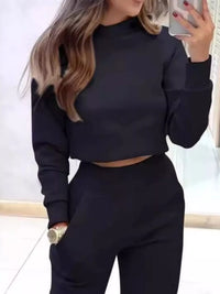 Apricot casual chic cropped sweatshirt and matching jogger set by Trendsi, relaxed fit, perfect for comfortable everyday wear.