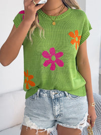 Apricot Flower Round Neck Sweater by Trendsi, featuring a floral print and soft knit fabric on a model.
