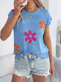 Apricot flower pattern round neck sweater by Trendsi, featuring a cozy knit fabric and floral design.