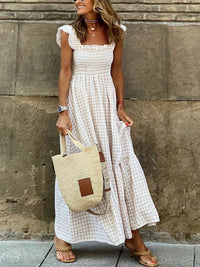 Beige plaid ruffle sleeve maxi dress by Trendsi featuring a flowy silhouette and stylish ruffle details on the sleeves.