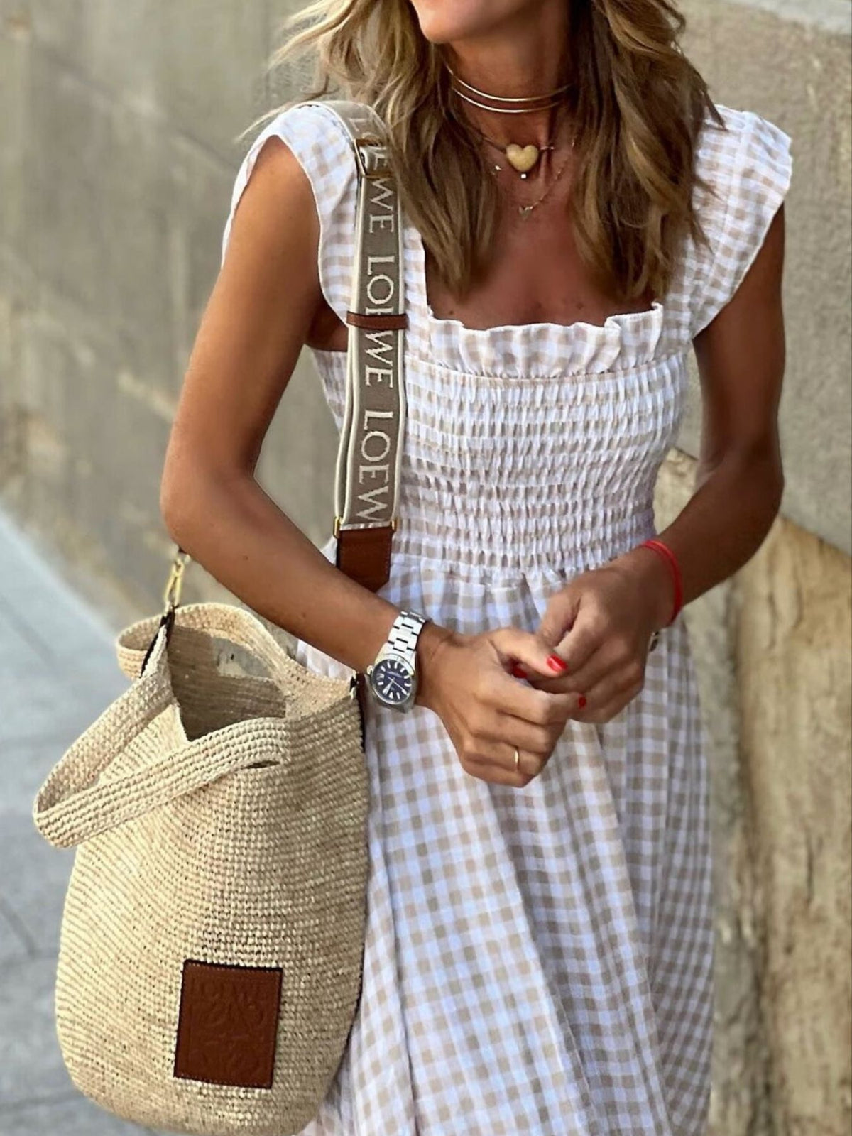Beige plaid ruffle sleeve maxi dress by Trendsi featuring a flowing silhouette and stylish ruffle details.