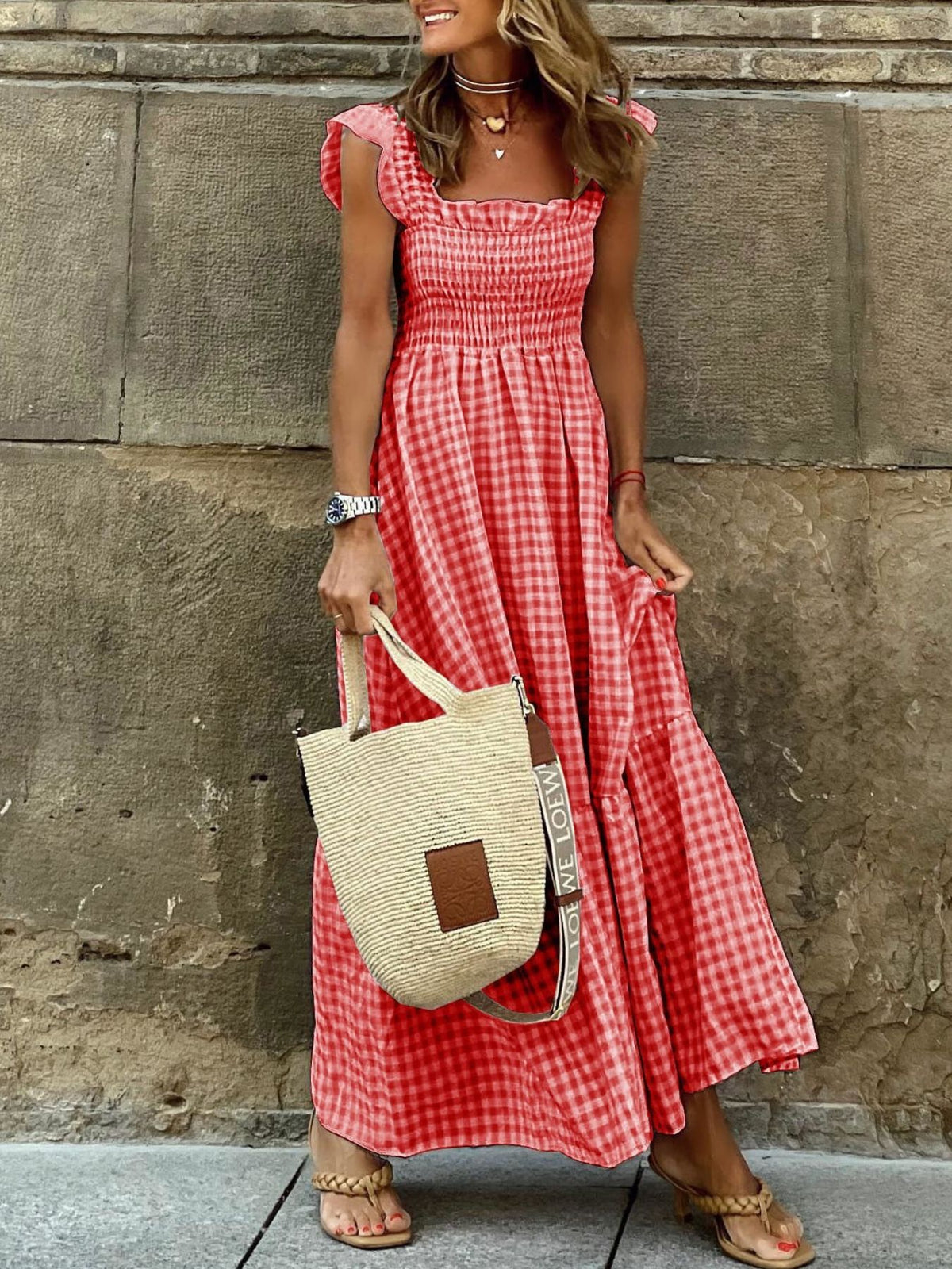 Beige plaid maxi dress with ruffle sleeves by Trendsi, featuring a flowing silhouette and stylish design.