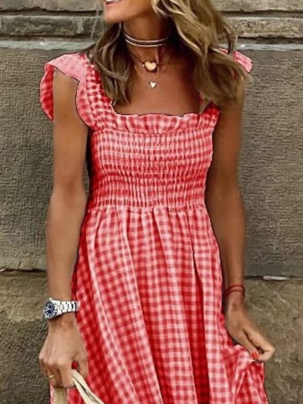 Beige plaid ruffle sleeve maxi dress by Trendsi, flowing fabric, ruffle details on sleeves, perfect for casual or semi-formal wear.