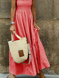Beige plaid maxi dress with ruffle sleeves from Trendsi, featuring a flowing silhouette and stylish design.