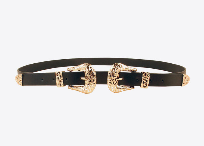 Black double buckle PU leather belt from Trendsi, featuring a stylish design and adjustable one-size fit.