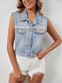 Black button-up denim vest from Trendsi featuring classic collar and front button closure, styled with casual fashion.