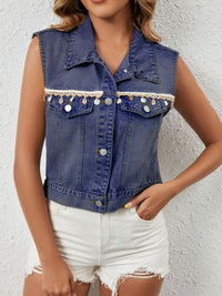 Black button-up denim vest by Trendsi, showing a classic sleeveless denim vest with front button closures and a fitted style.
