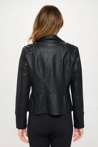 Black faux leather motorcycle jacket with silver studs, classic design, from Trendsi's Coalition LA Studded Moto collection.